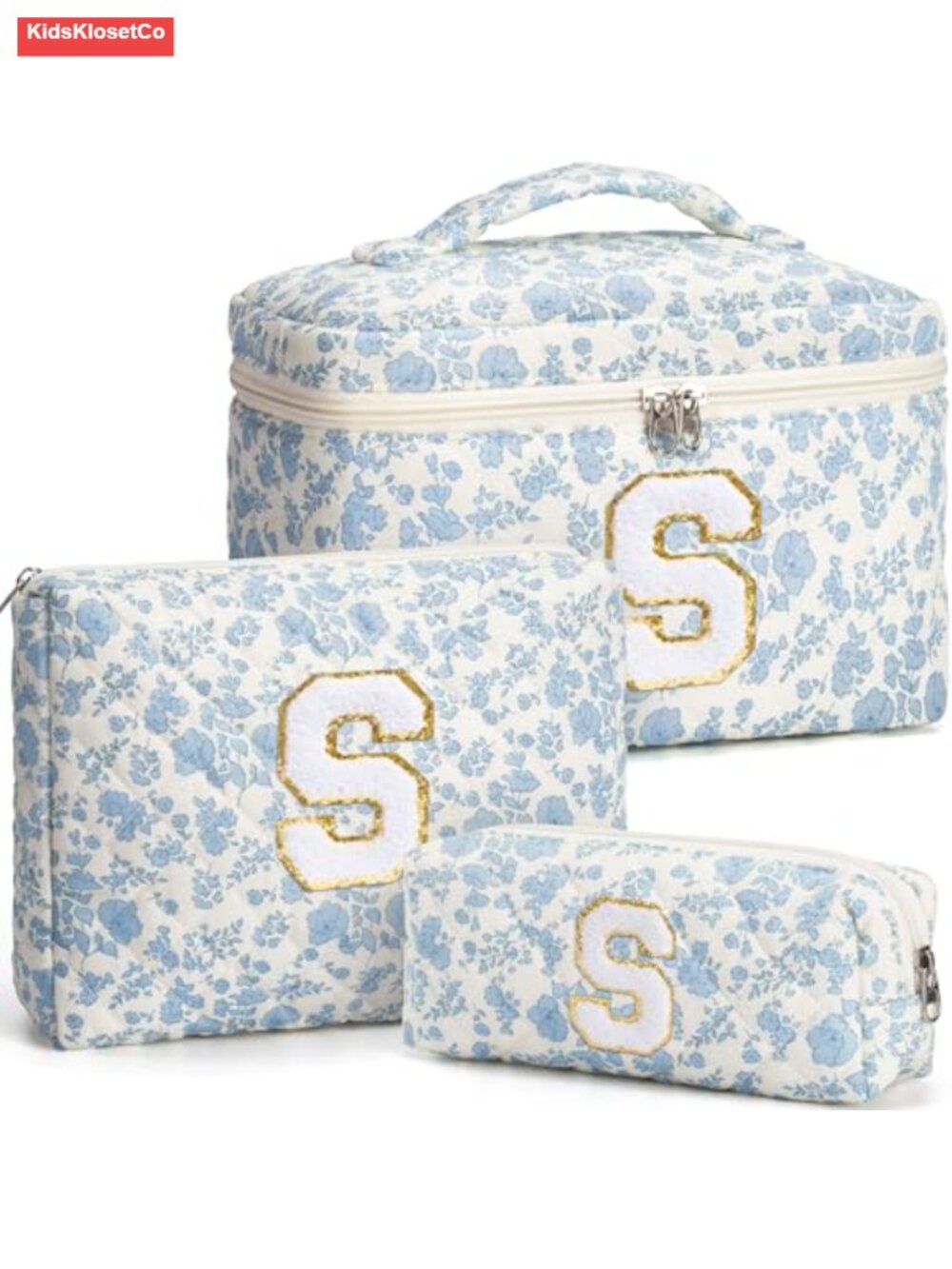 Personalized Initial Quilted Makeup Bag Set, Floral Cosmetic Toiletry Travel